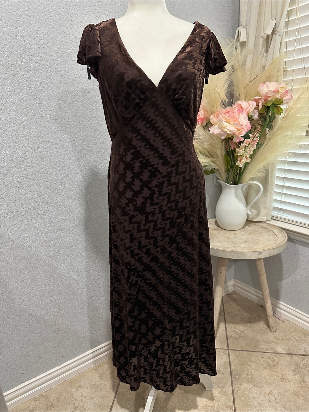 Calvin Klein Dark Brown Velvet Wrap-Style Midi Dress